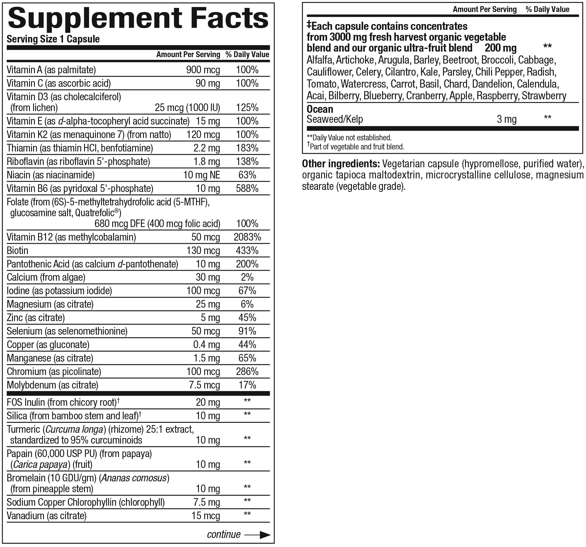 Natural Factors Women's 50+ multivitamin bottle back highlights organic whole foods and digestive support