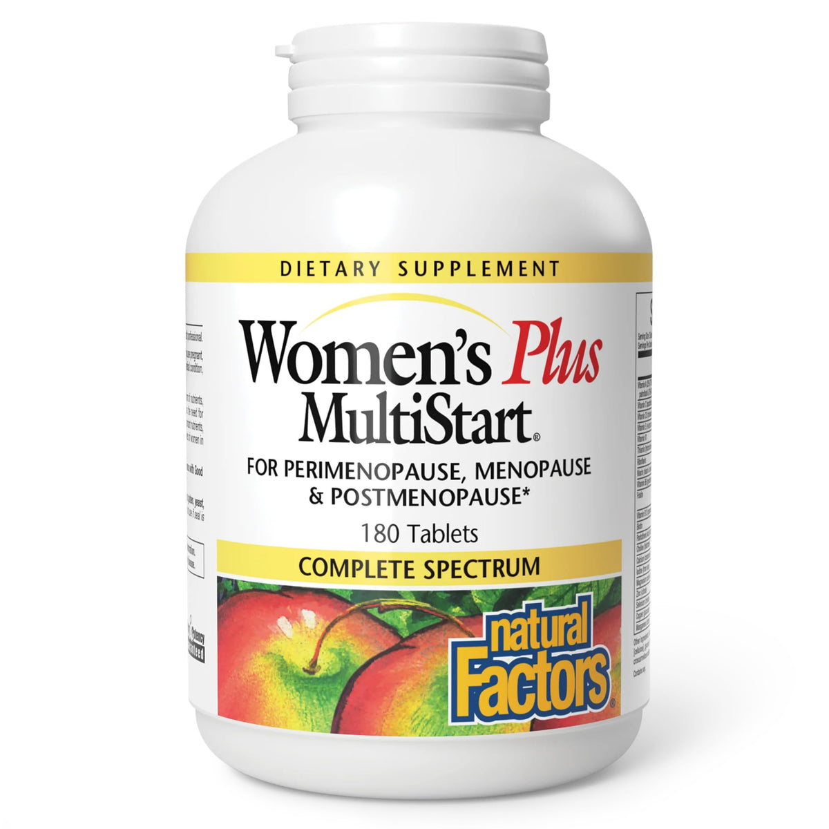 Natural Factors Women's Plus MultiStart bottle on counter for daily menopause support.