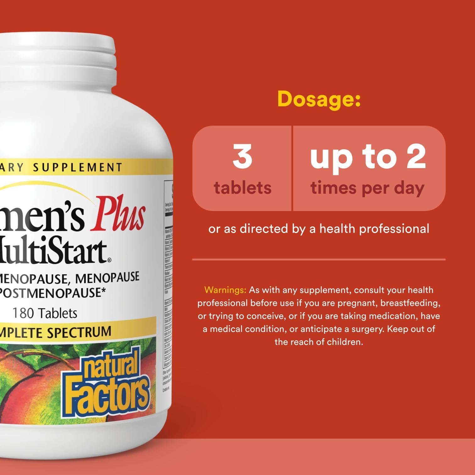 Natural Factors Women's Plus MultiStart tablets pack highlights three-tablet serving for daily nutrition.