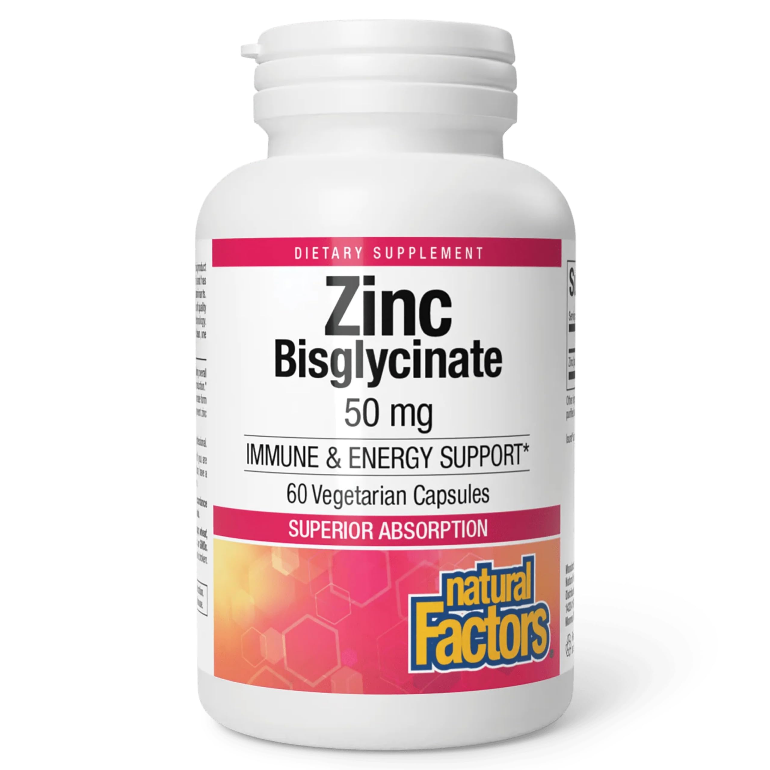 Natural Factors Zinc Bisglycinate 50 mg capsules in bottle for daily immune support.