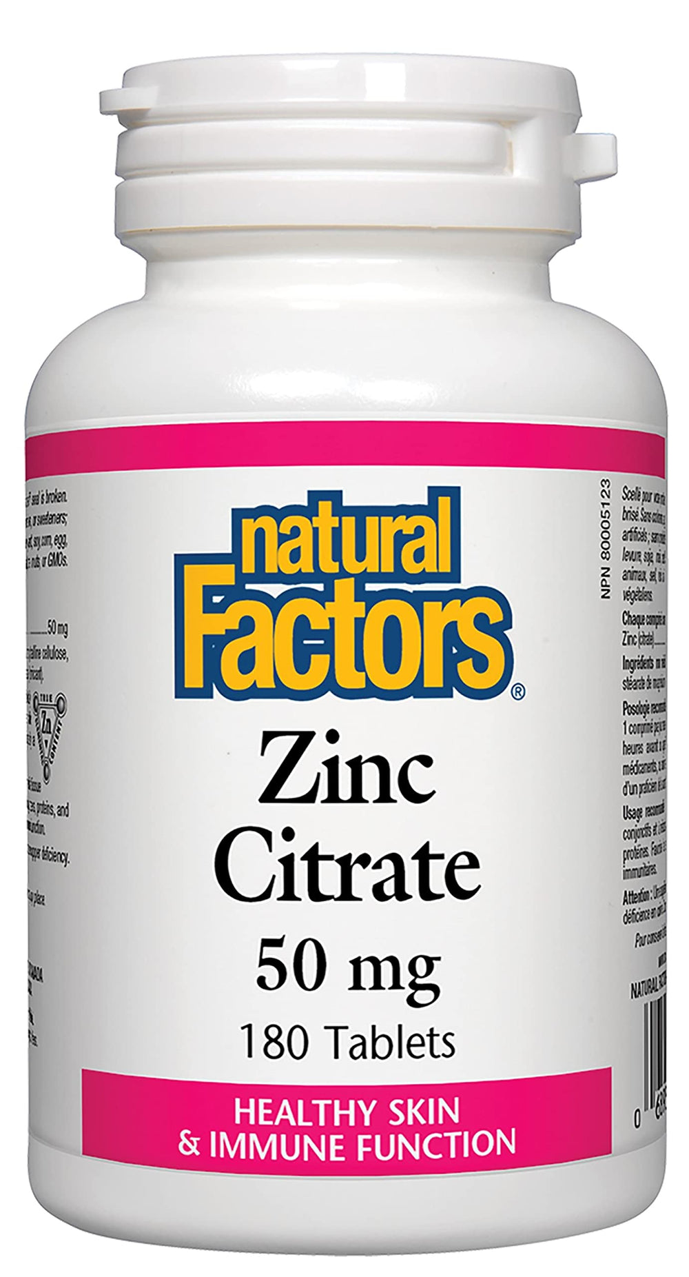 Natural Factors Zinc Citrate 50mg bottle shows convenient daily tablets for immune support