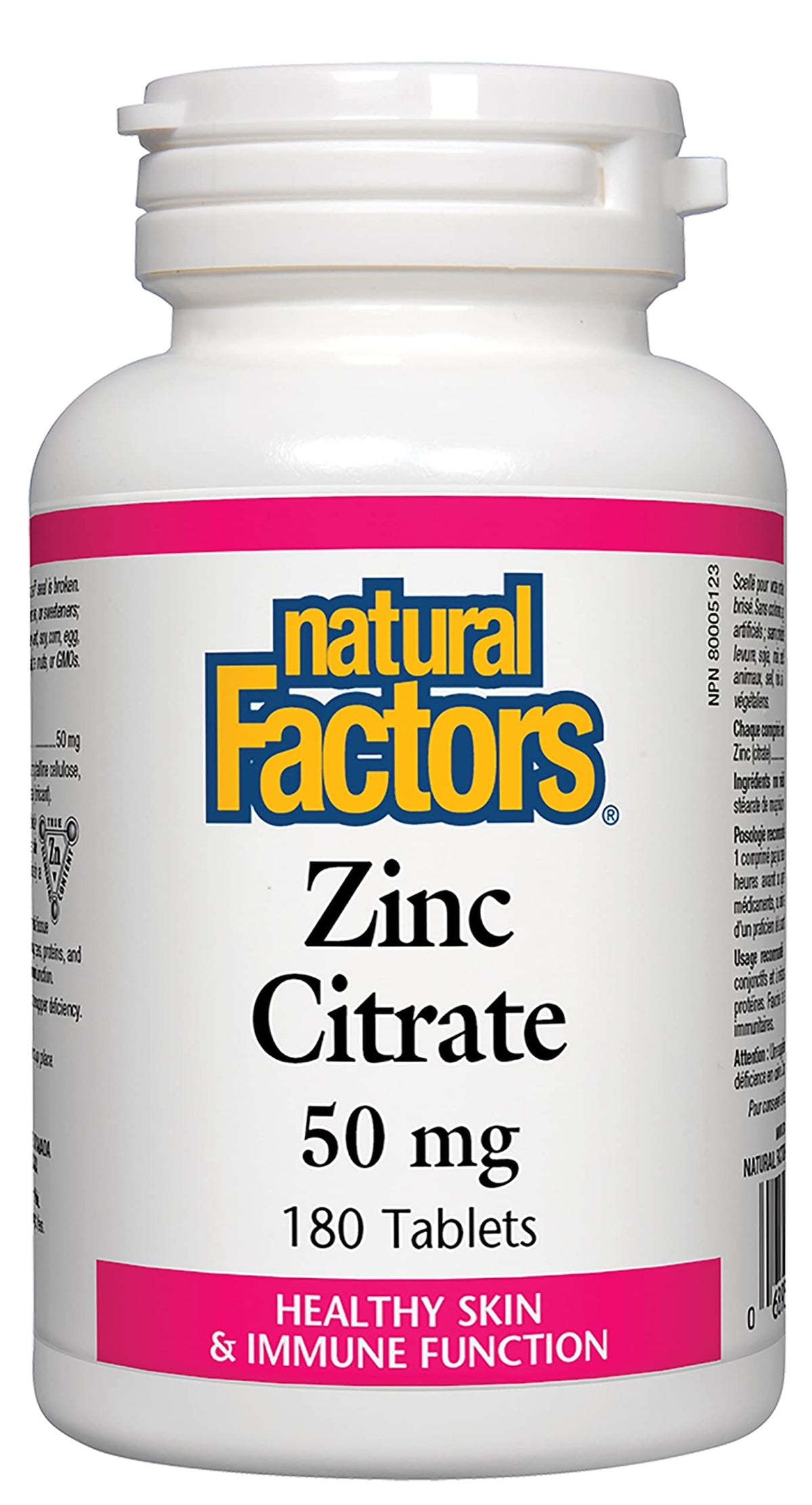 Natural Factors Zinc Citrate 50mg bottle shows convenient daily tablets for immune support