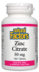 Natural Factors Zinc Citrate 50mg bottle shows convenient daily tablets for immune support