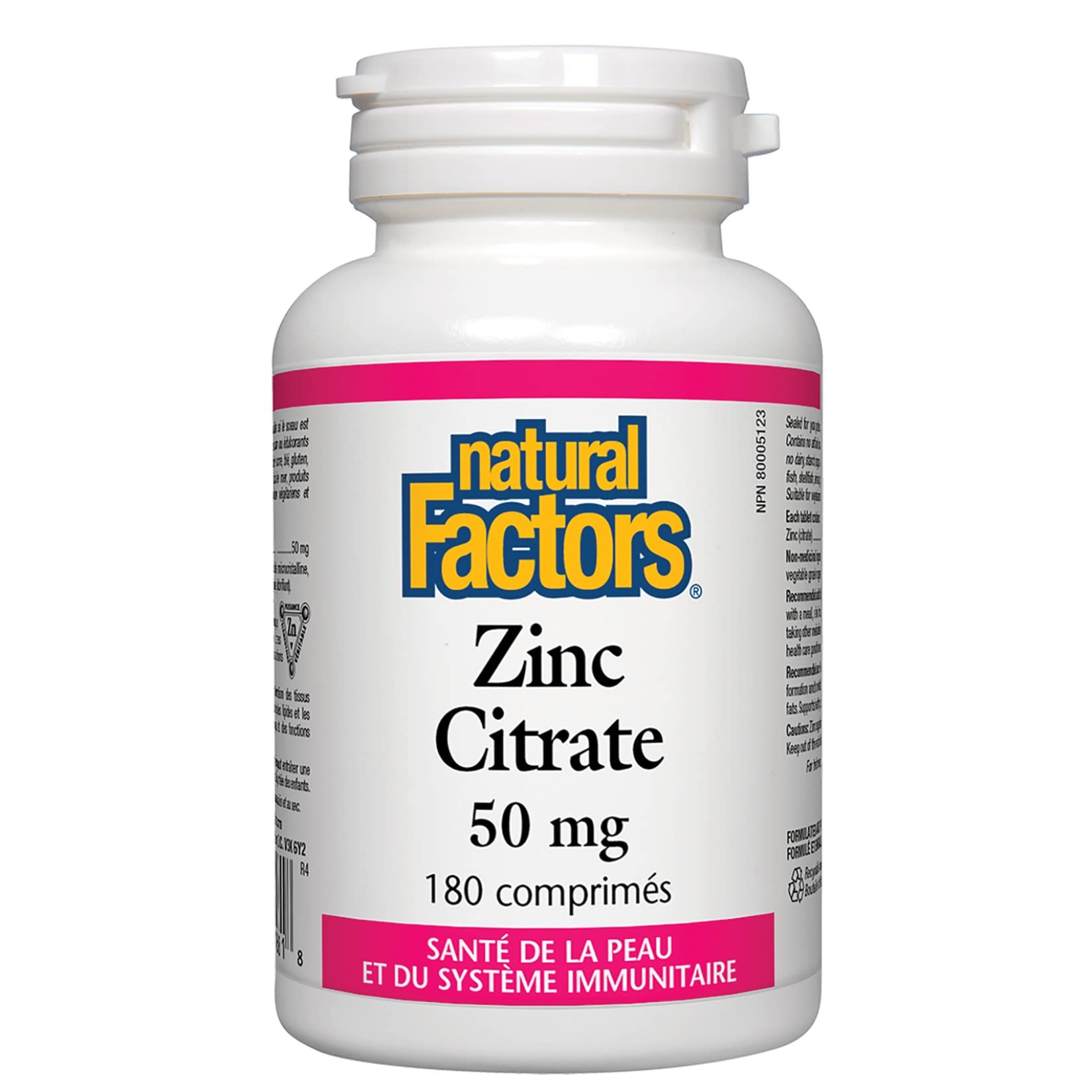 Natural Factors Zinc Citrate 50mg label detail highlights zinc content and usage