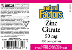 Natural Factors Zinc Citrate 50mg nutrition panel indicates balanced mineral support