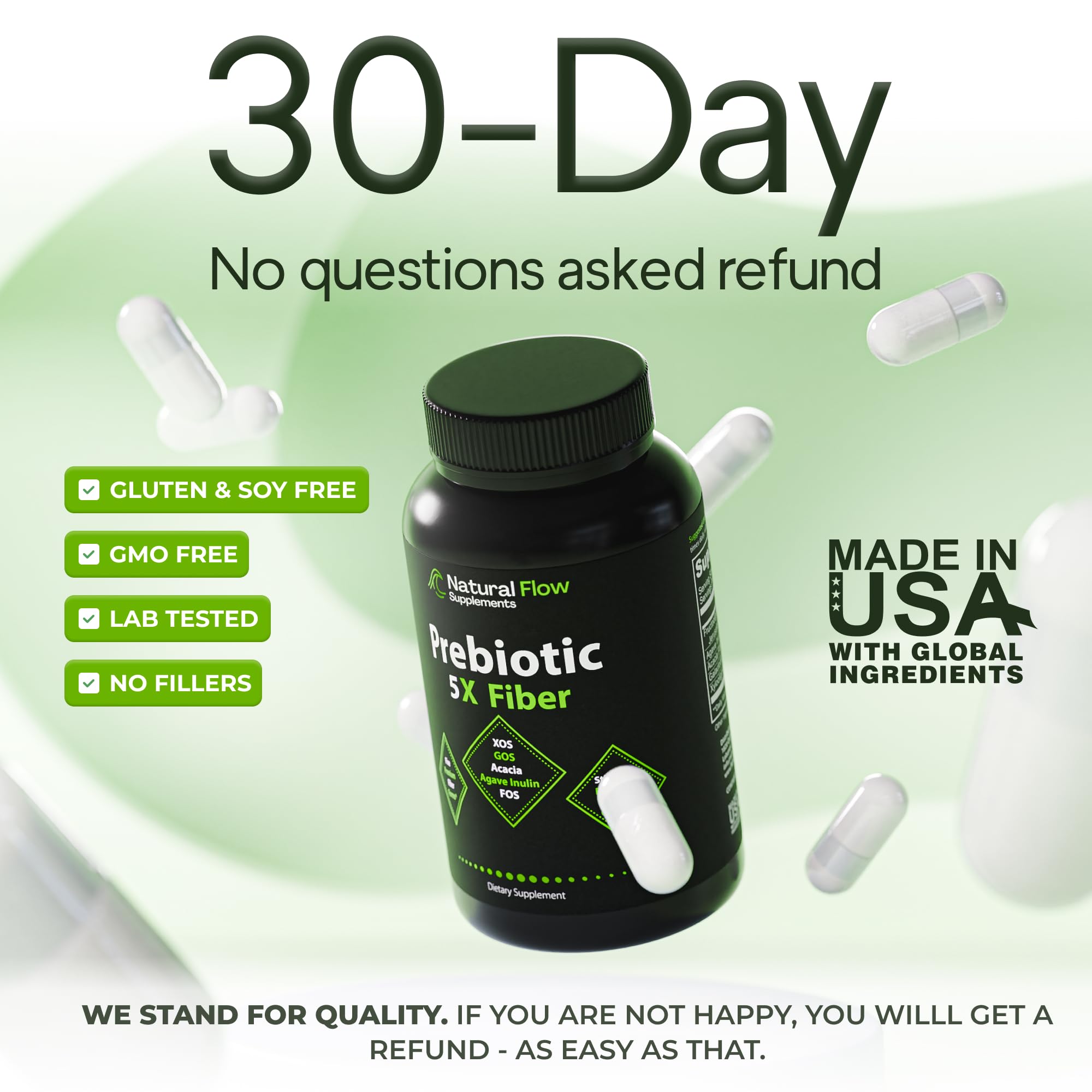 Natural Flow 5X Fiber two-capsules serving shown for daily intake.