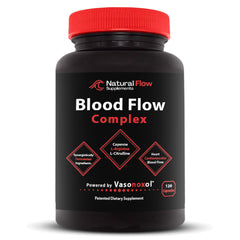 Natural Flow Blood Flow Complex bottle pour shows cayenne pepper warmth for circulation support.