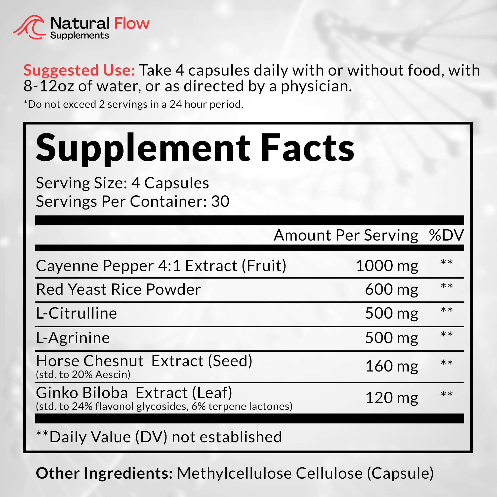 Natural Flow Blood Flow Complex capsules closeup highlights the blend for active circulation.