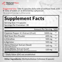 Natural Flow Blood Flow Complex capsules closeup highlights the blend for active circulation.