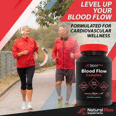 Natural Flow Blood Flow Complex label closeup underscores Vasonoxyl powered formula.