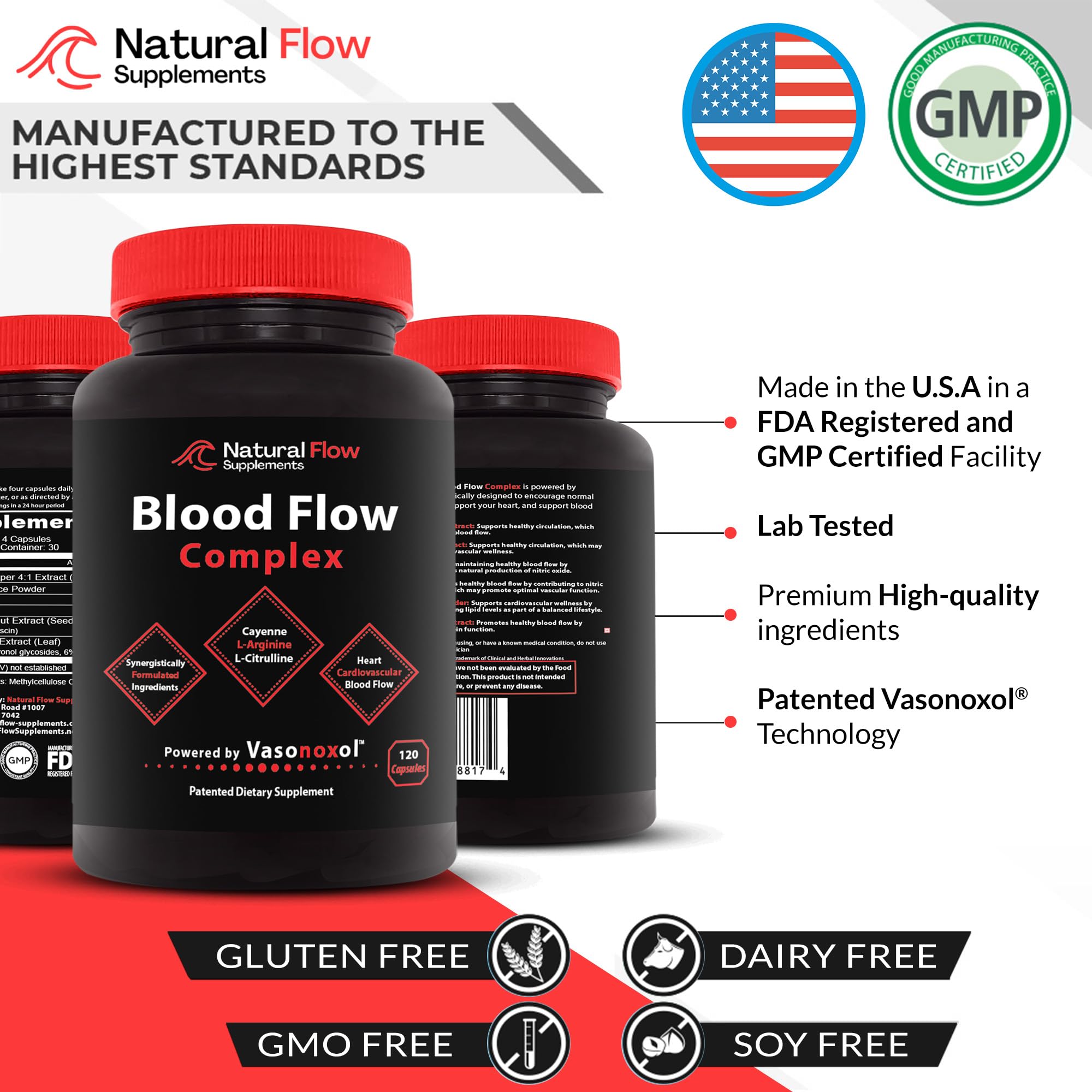 Natural Flow Blood Flow Complex packaging shot communicates USA-made quality and lab testing.