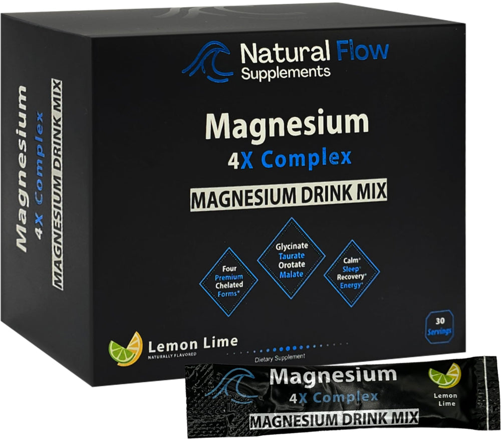 Natural Flow Magnesium Powder Lemon Lime pour shows a refreshing, sugar-free drink option for evenings.