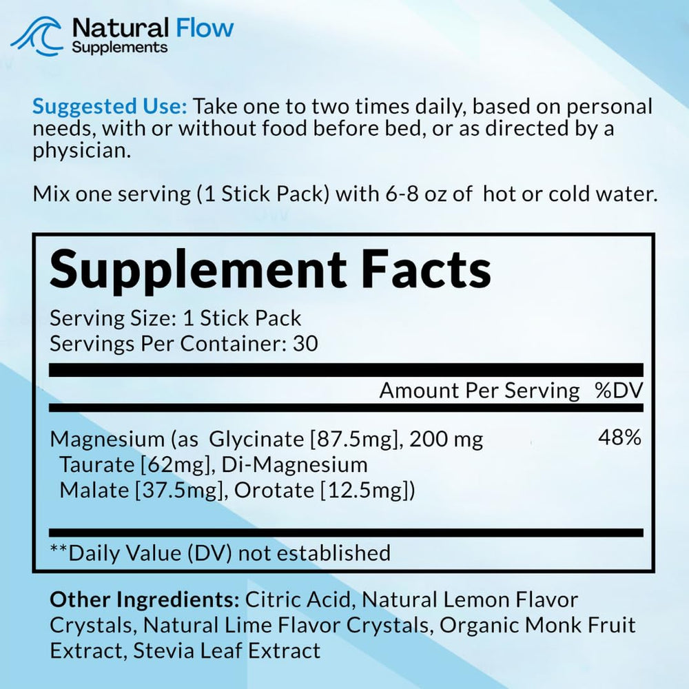 Natural Flow Magnesium Powder Lemon Lime stick pack ready to stir for bedtime calm.