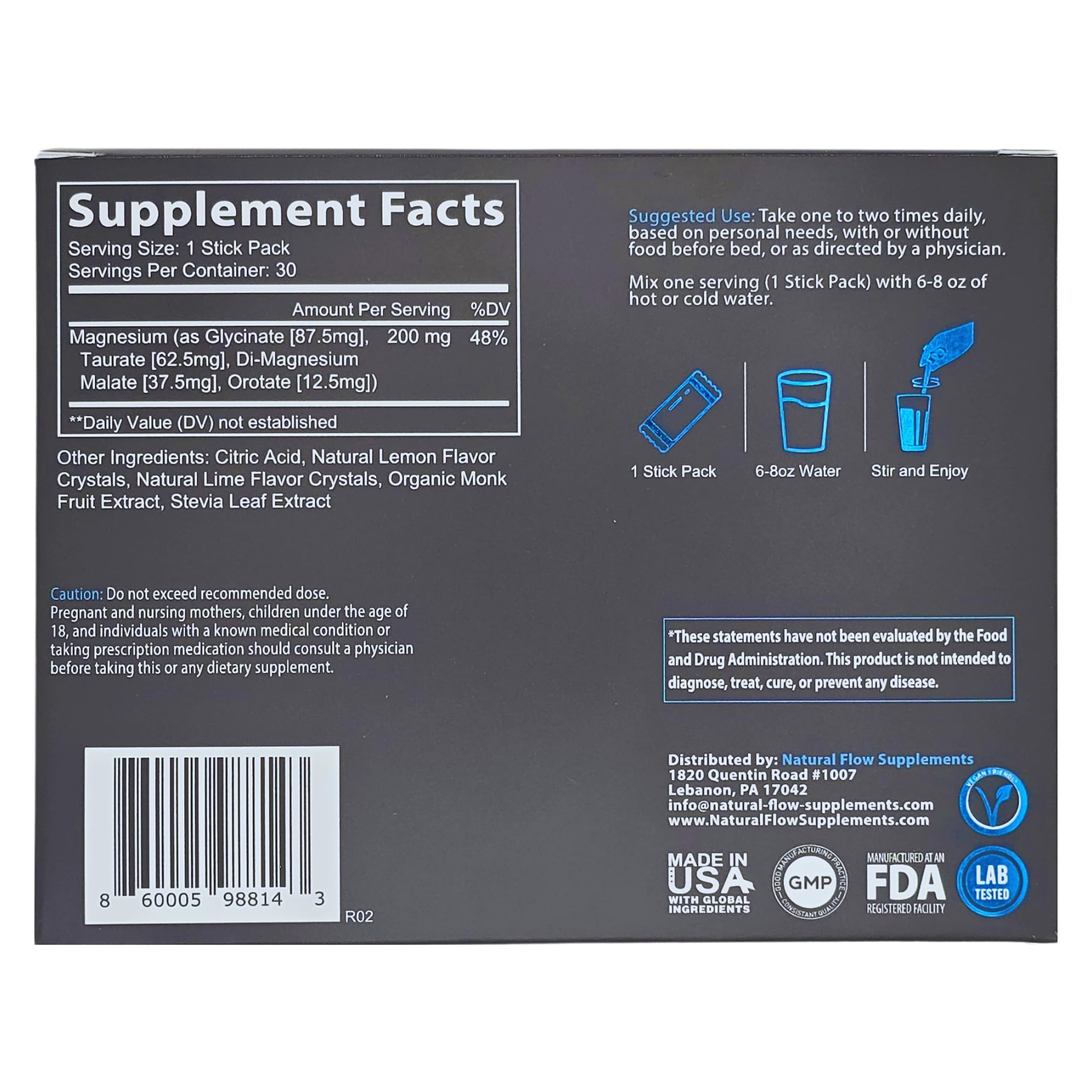 Natural Flow Magnesium Powder Lemon Lime purity label highlighted on packaging.