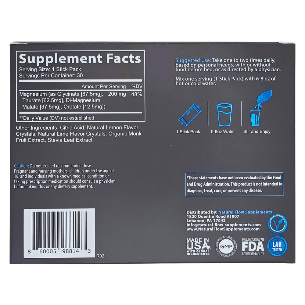 Natural Flow Magnesium Powder Lemon Lime purity label highlighted on packaging.