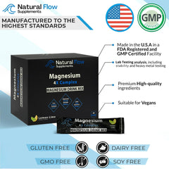 Natural Flow Magnesium Powder Lemon Lime stick-pack beside water ready to dissolve for on-the-go use.