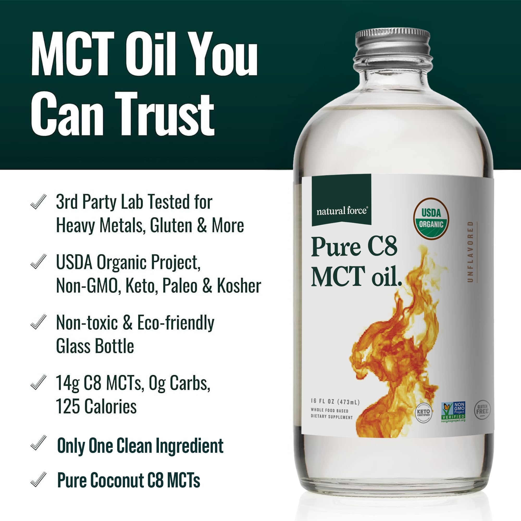 Natural Force C8 MCT Oil on a tidy kitchen counter, supports keto-friendly cooking