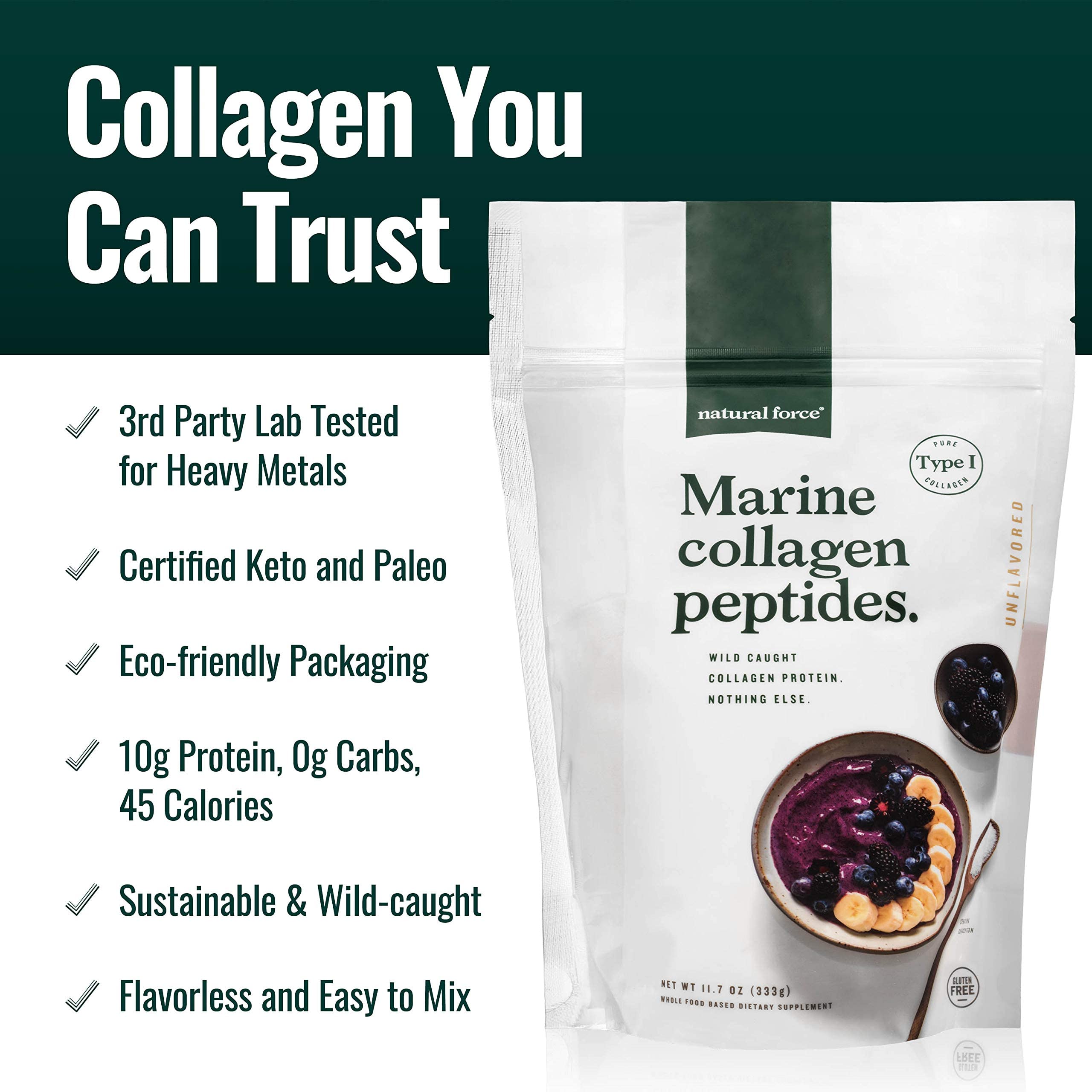 Natural Force Clean Marine Collagen Powder Label displays keto and paleo certification.
