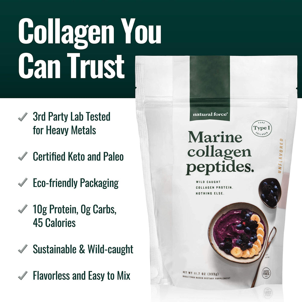 Natural Force Clean Marine Collagen Powder Label displays keto and paleo certification.