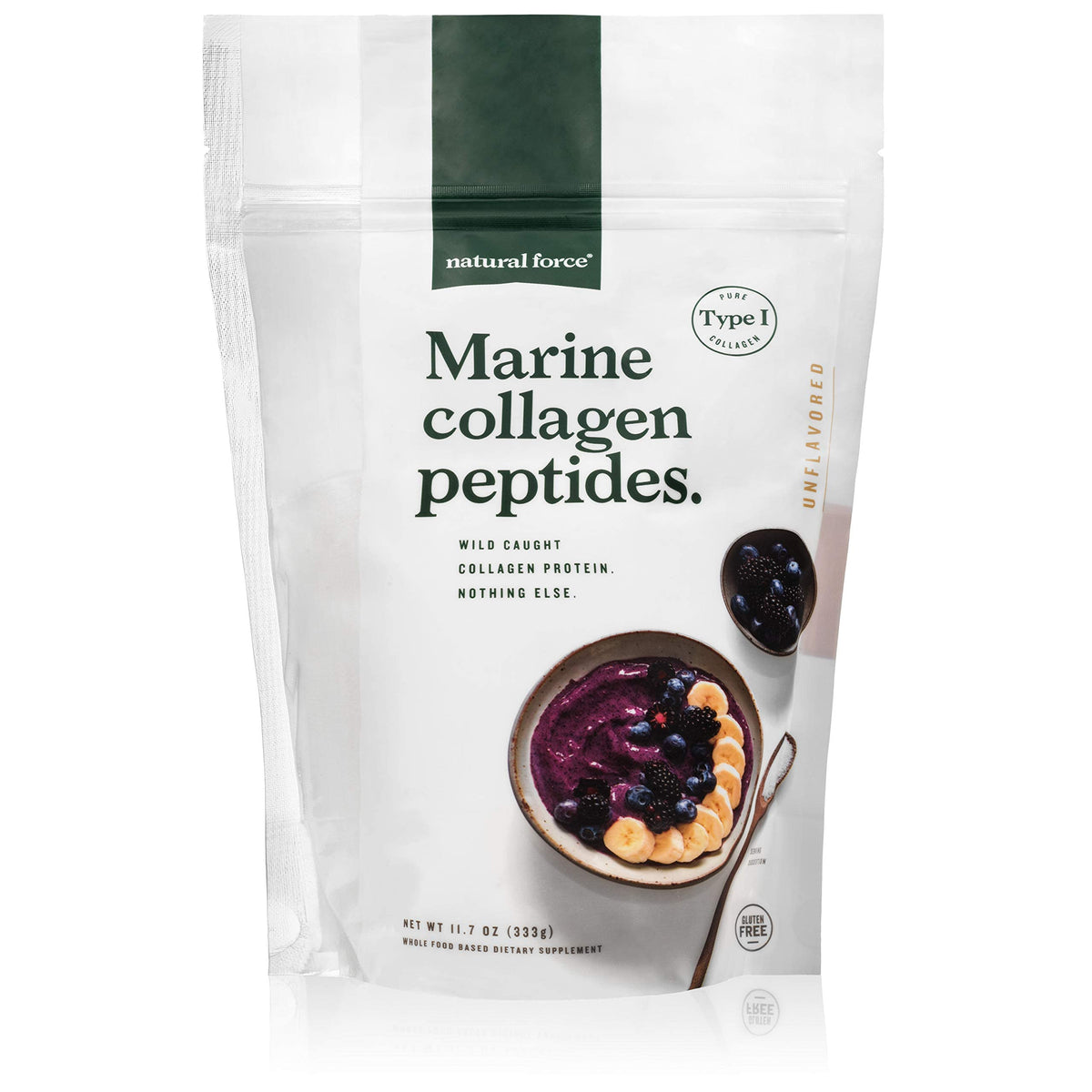 Natural Force Clean Marine Collagen Bottle highlights premium quality and purity.
