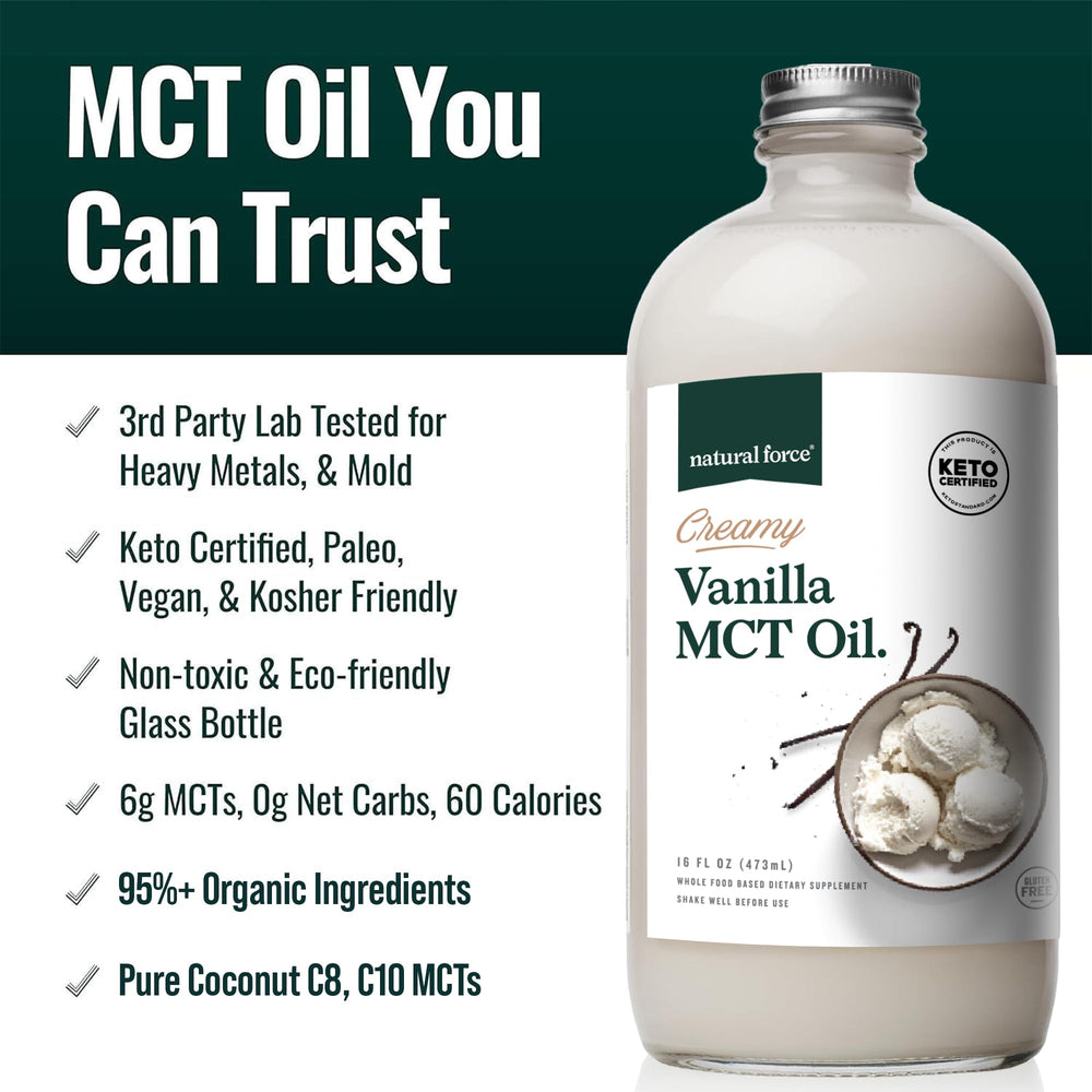 Natural Force Creamy Vanilla MCT Oil added to coffee for quick keto-friendly creaminess.