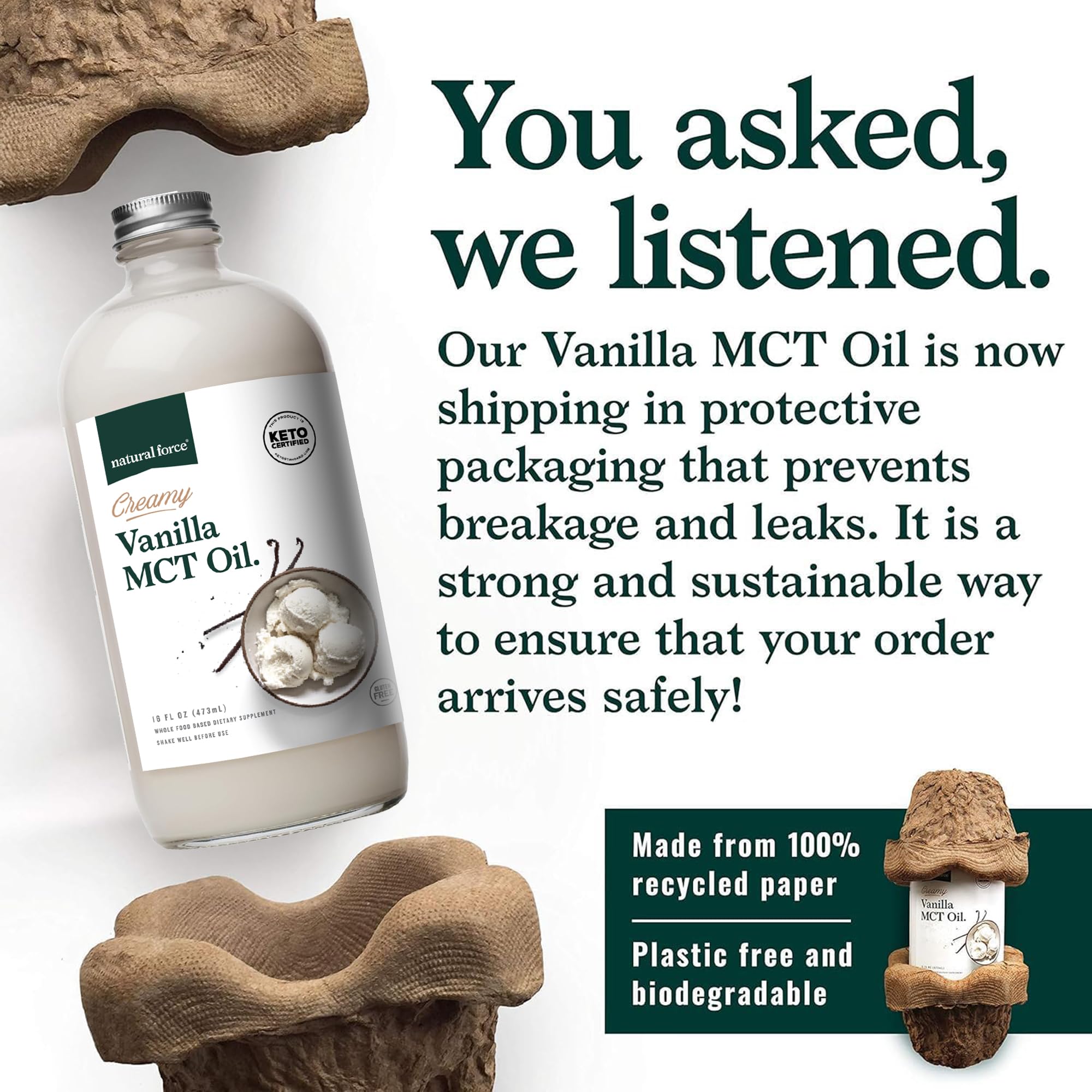 Natural Force Creamy Vanilla MCT Oil label closeup highlighting organic coconut MCTs.