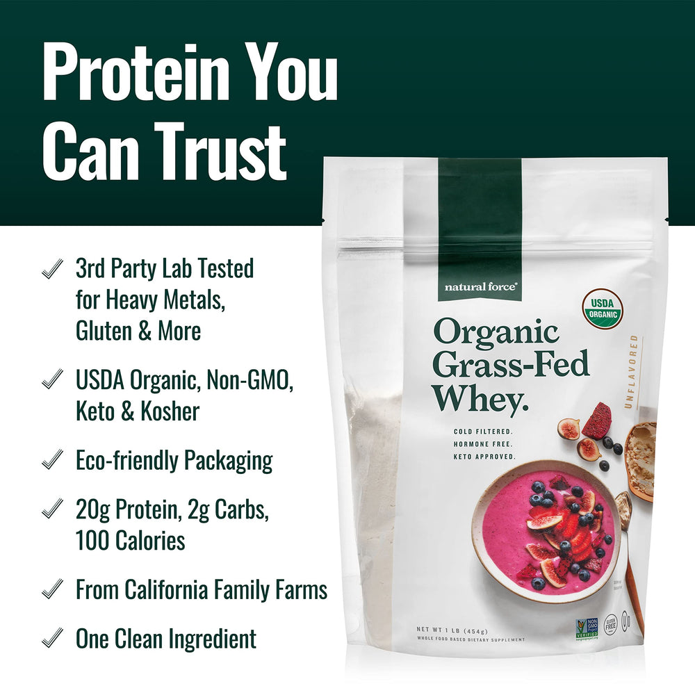 Natural Force grass-fed whey bag highlights organic and keto-friendly attributes