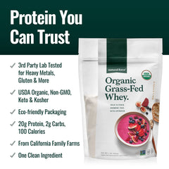 Natural Force grass-fed whey bag highlights organic and keto-friendly attributes