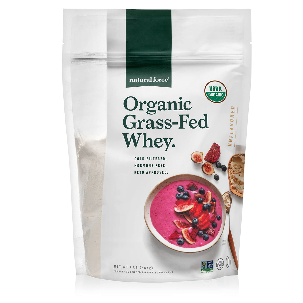 Natural Force grass-fed whey powder poured for a clean post-workout shake