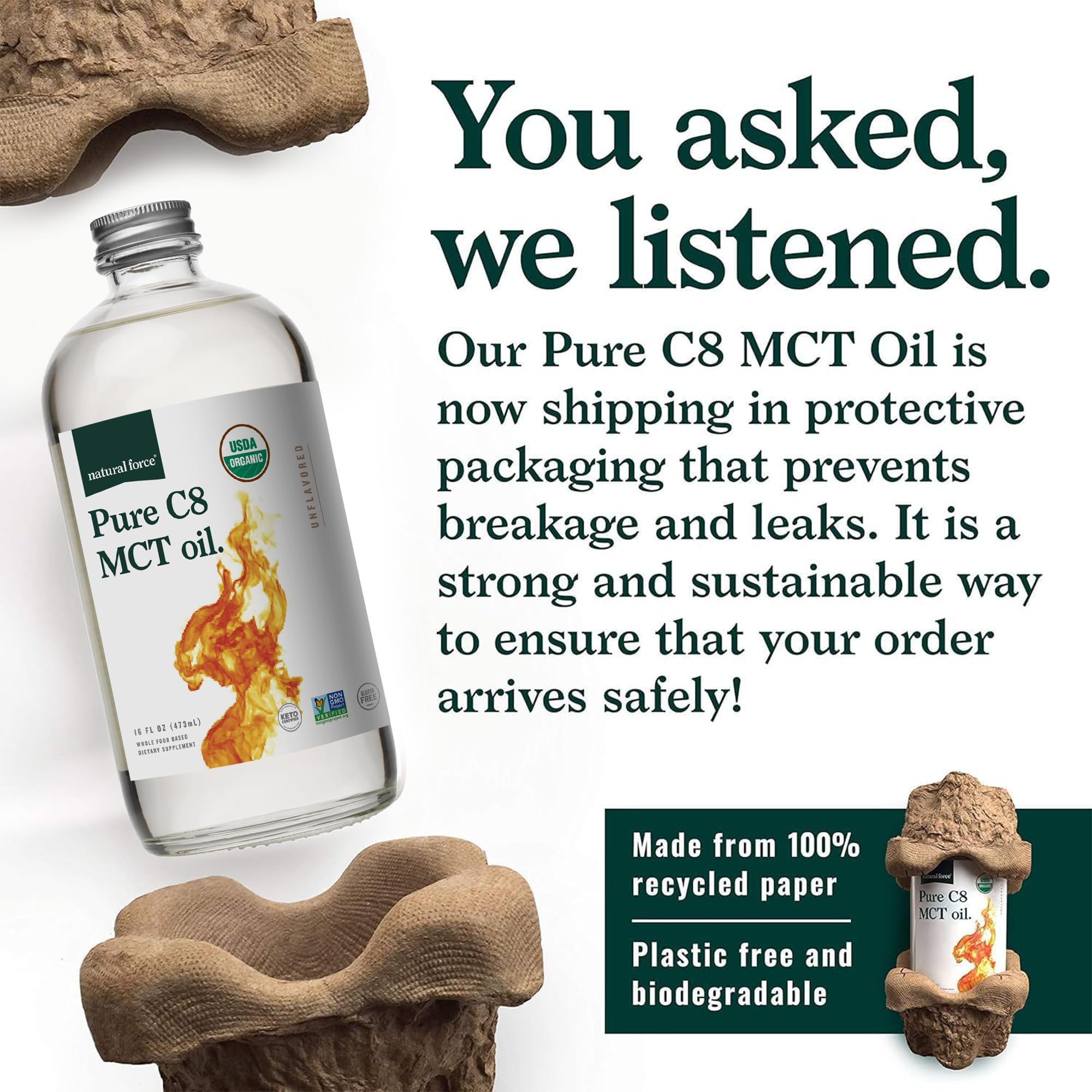 Natural Force Organic Pure C8 MCT Oil pour-ready, perfect for smoothies and beverages