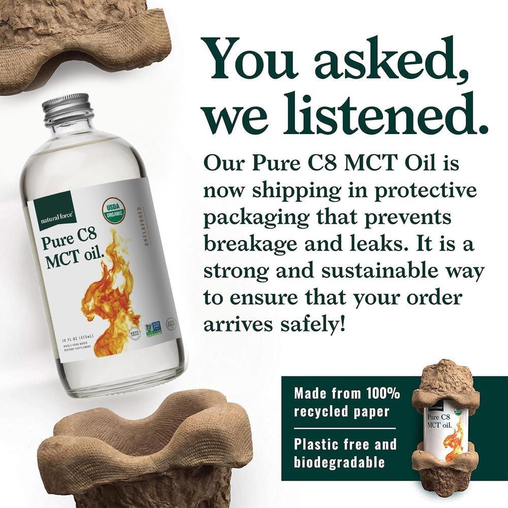 Natural Force Organic Pure C8 MCT Oil pour-ready, perfect for smoothies and beverages
