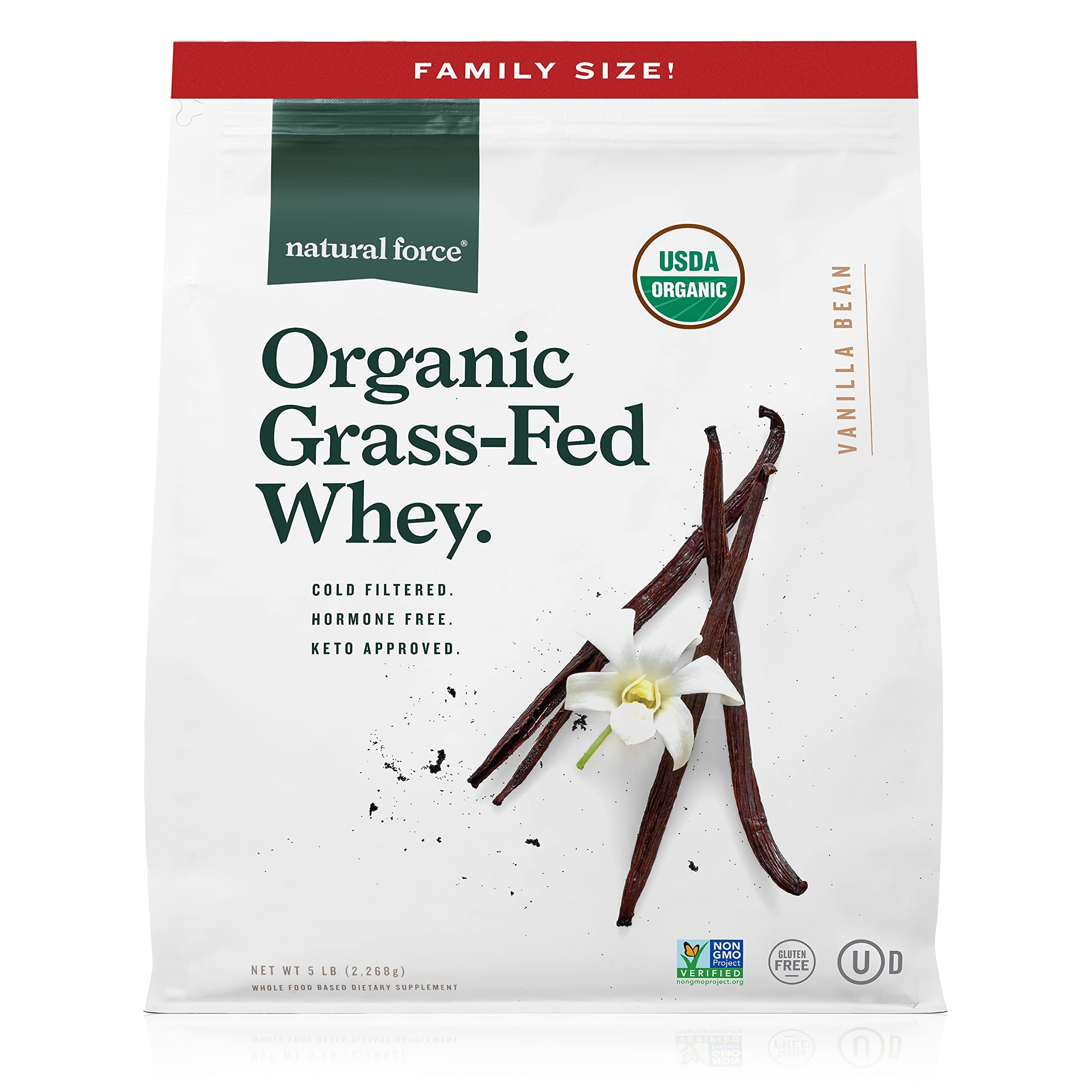 Natural Force Grass Fed Organic Whey in recyclable pouch for eco packaging.
