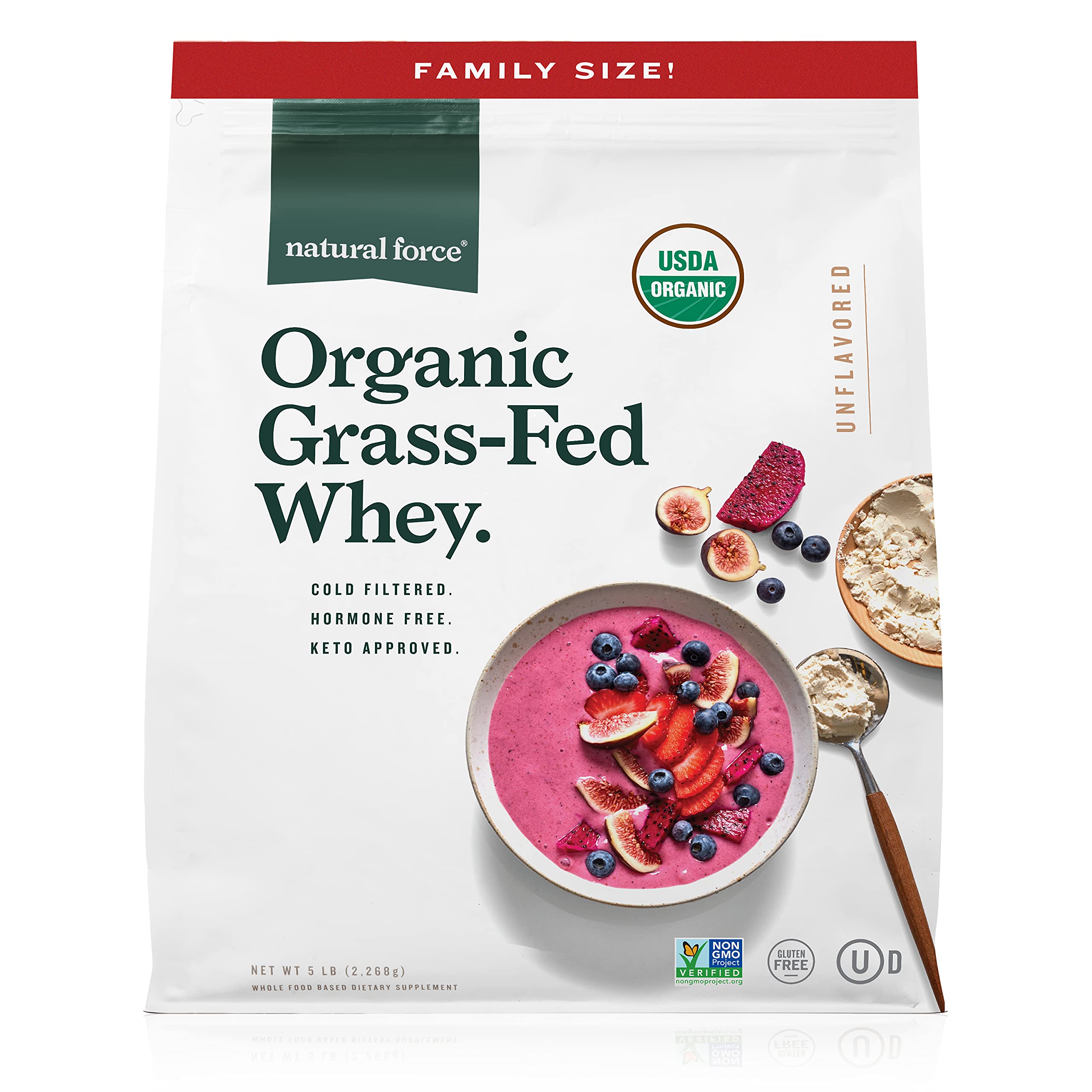 Natural Force whey tub front reveals single-ingredient formula.