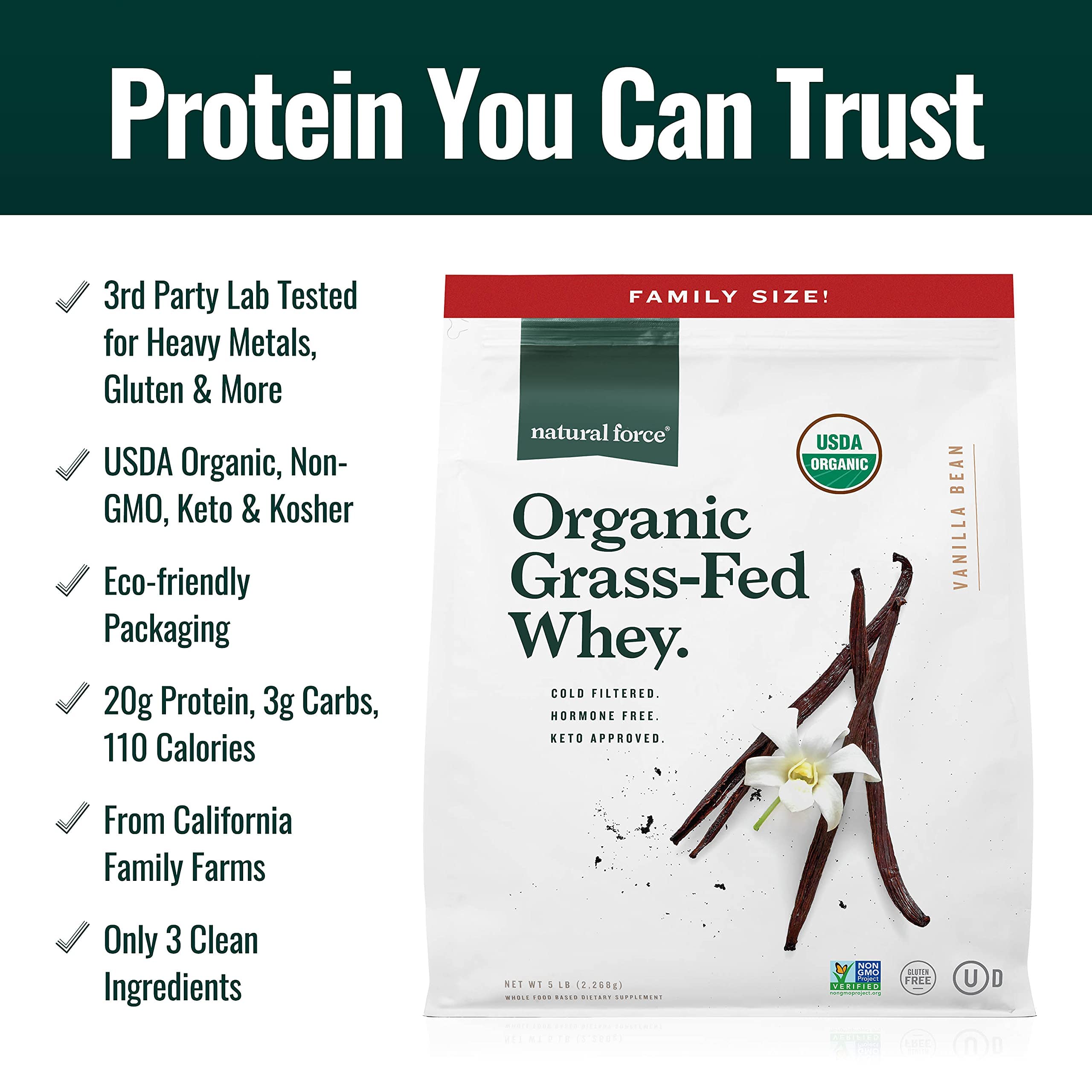 Natural Force Non-GMO verified whey supports clean daily nutrition.