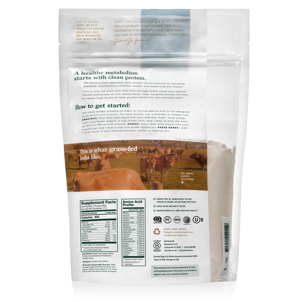 Natural Force whey powder on a kitchen counter showing a pure unflavored formula
