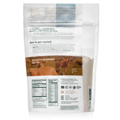Natural Force whey powder on a kitchen counter showing a pure unflavored formula