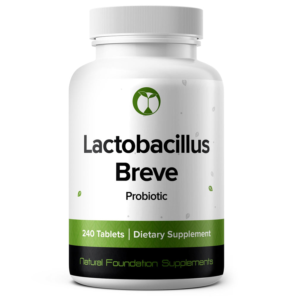 Natural Foundation Lactobacillus Breve bottle on a clean kitchen counter supports daily digestive wellness