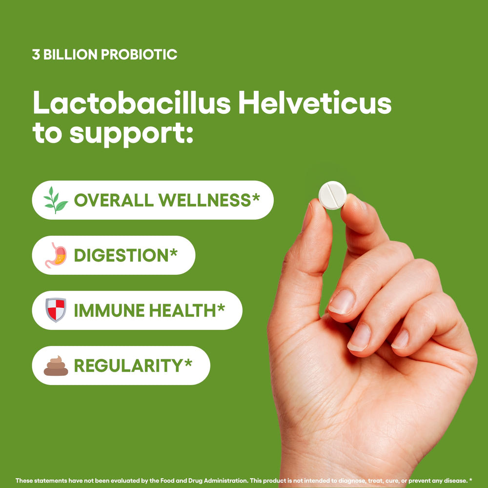 Natural Foundation Supplements Lactobacillus Helveticus tablets close-up shows 3 Billion CFU per tablet.