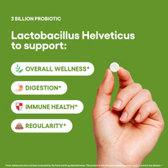 Natural Foundation Supplements Lactobacillus Helveticus tablets close-up shows 3 Billion CFU per tablet.