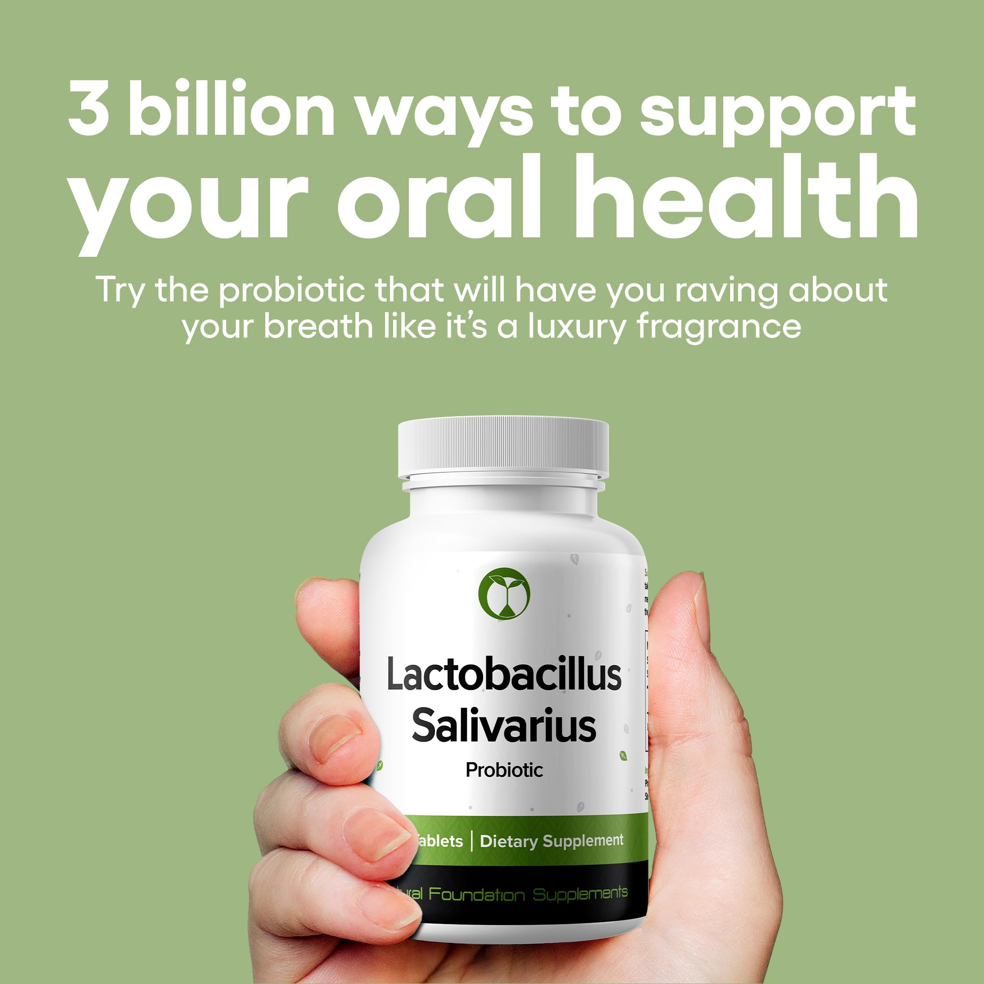 Close-up of the Lactobacillus Salivarius label highlights probiotic potency and quality.