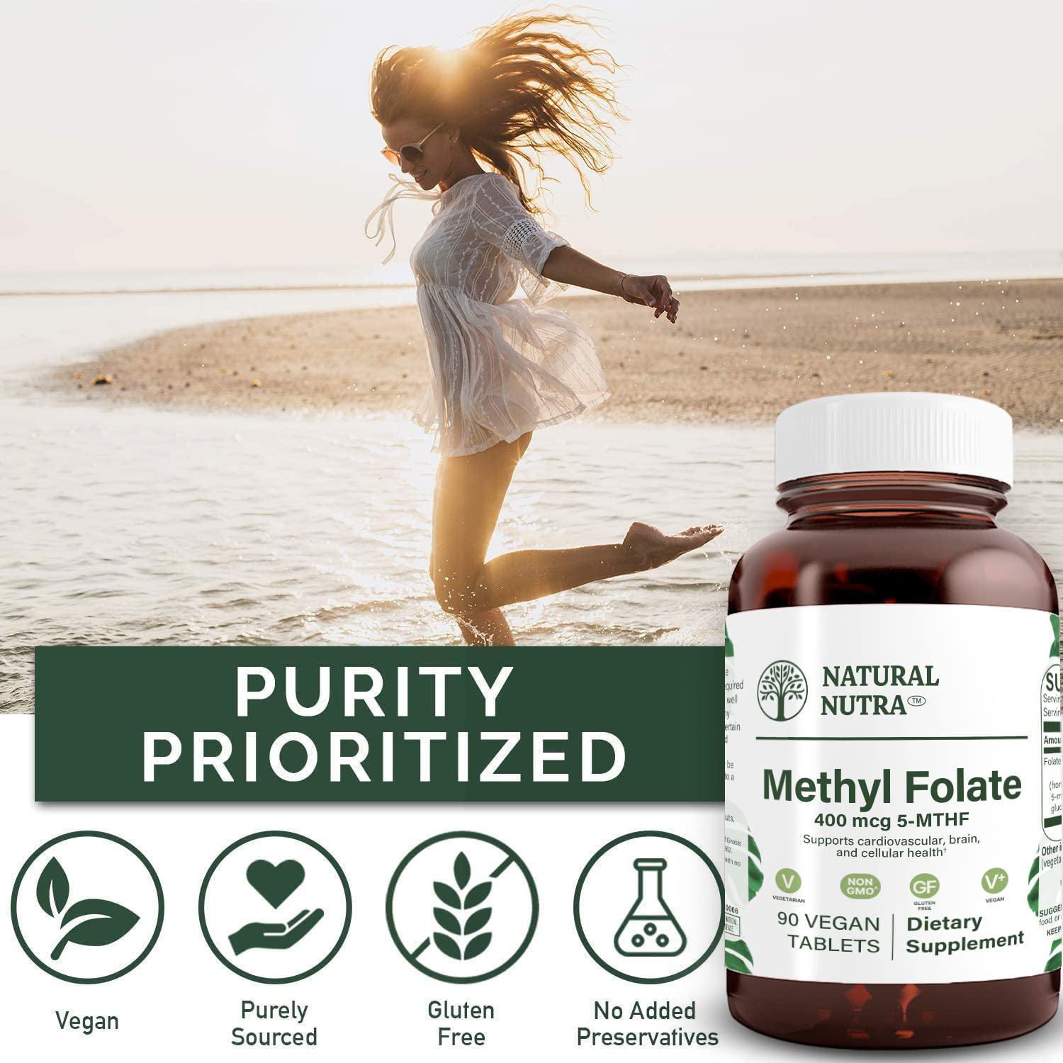 Natural Nutra Methyl Folate amber glass bottle ready for storage
