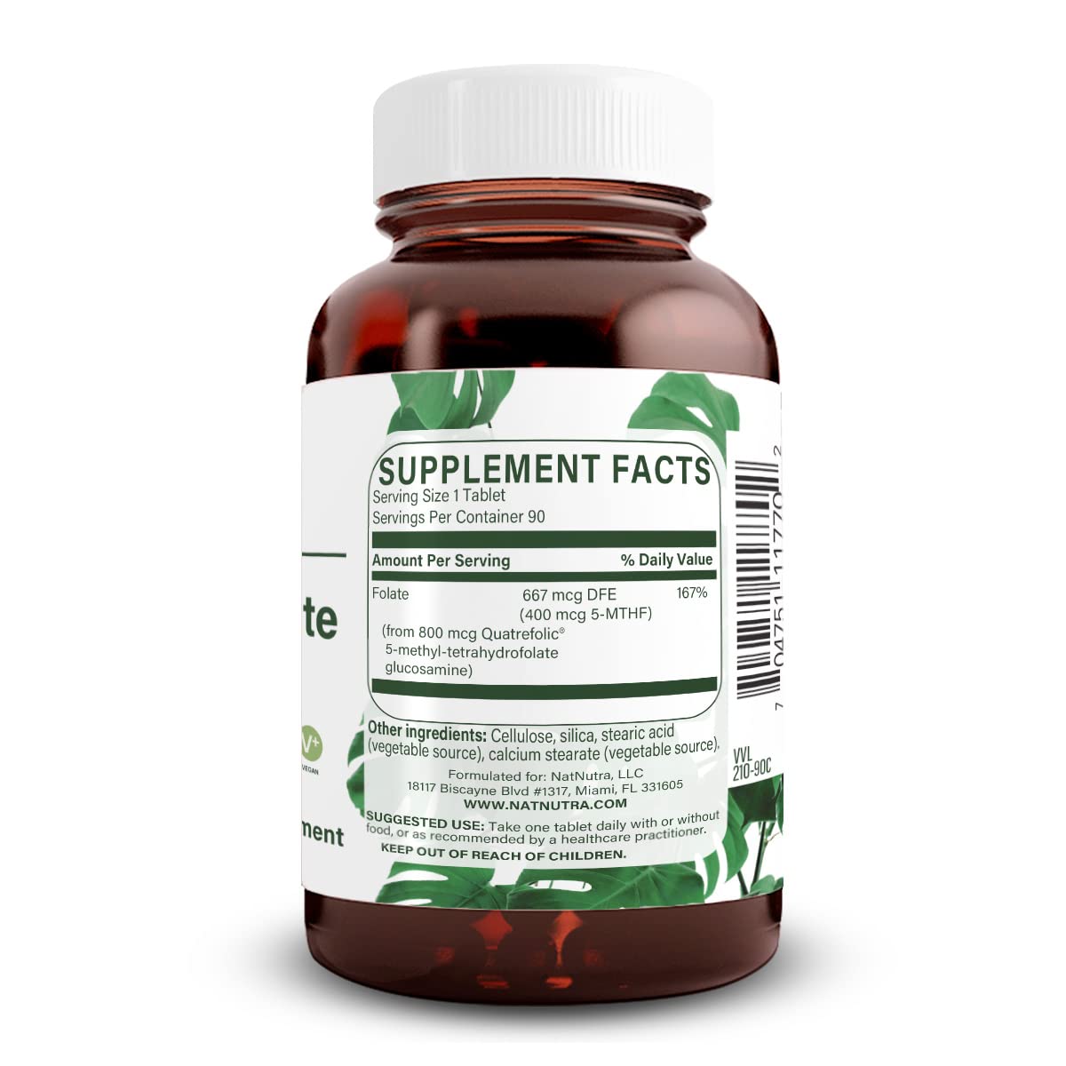 Natural Nutra Methyl Folate with Quatrefolic bottle back label shows ingredients and usage