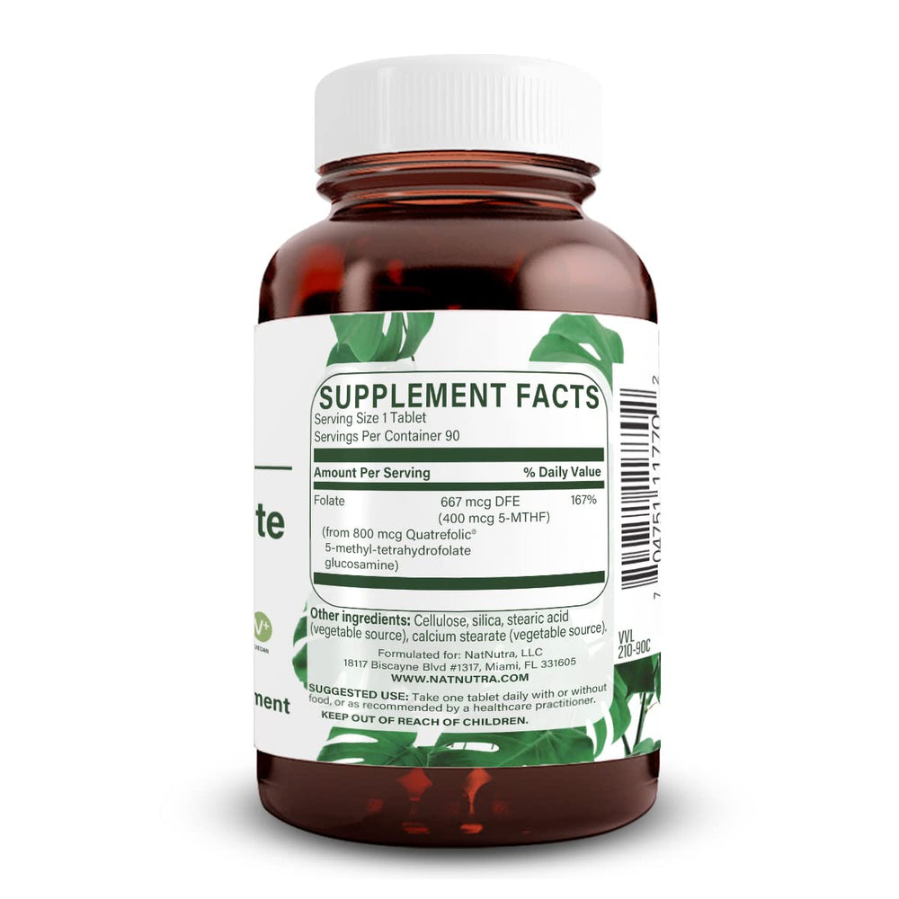 Natural Nutra Methyl Folate with Quatrefolic bottle back label shows ingredients and usage
