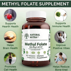 Natural Nutra Methyl Folate tablets close-up, vegan nutrition support