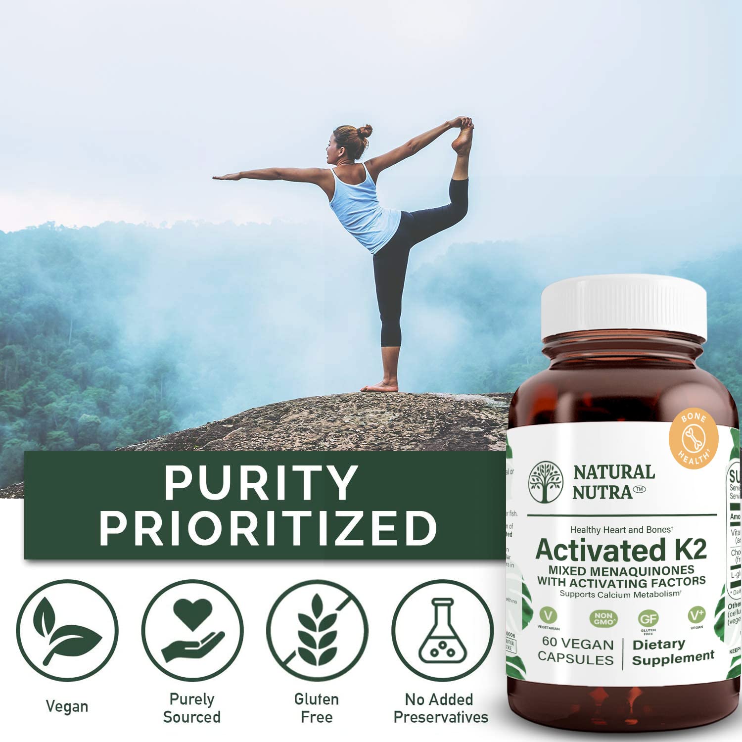 Natural Nutra amber glass bottle highlights BPA-free packaging and sustainable storage.