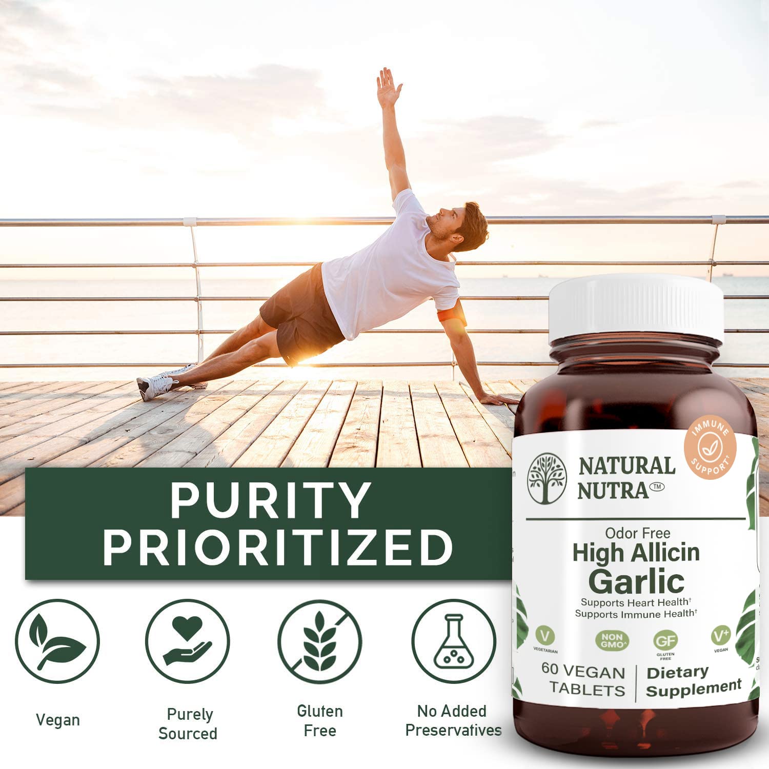 Natural Nutra amber glass bottle packaging emphasizes safety and sustainability.