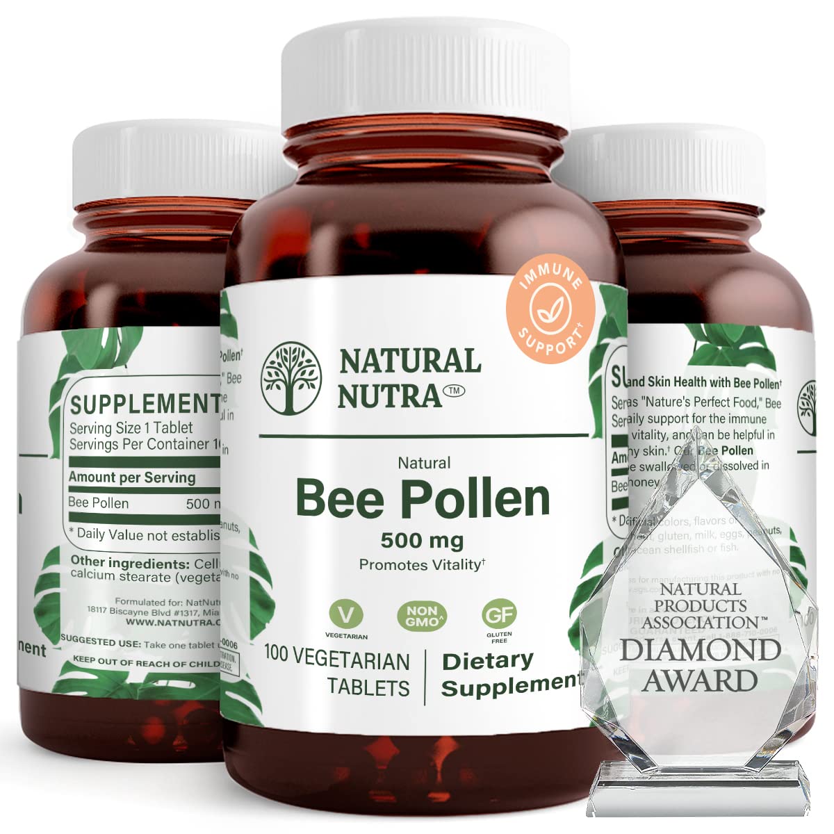 Natural Nutra Bee Pollen 500mg bottle, premium tablets for daily vitality.