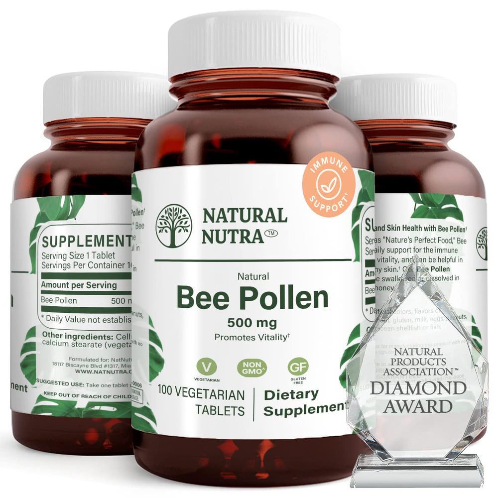 Natural Nutra Bee Pollen 500mg bottle, premium tablets for daily vitality.