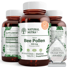 Natural Nutra Bee Pollen 500mg bottle, premium tablets for daily vitality.