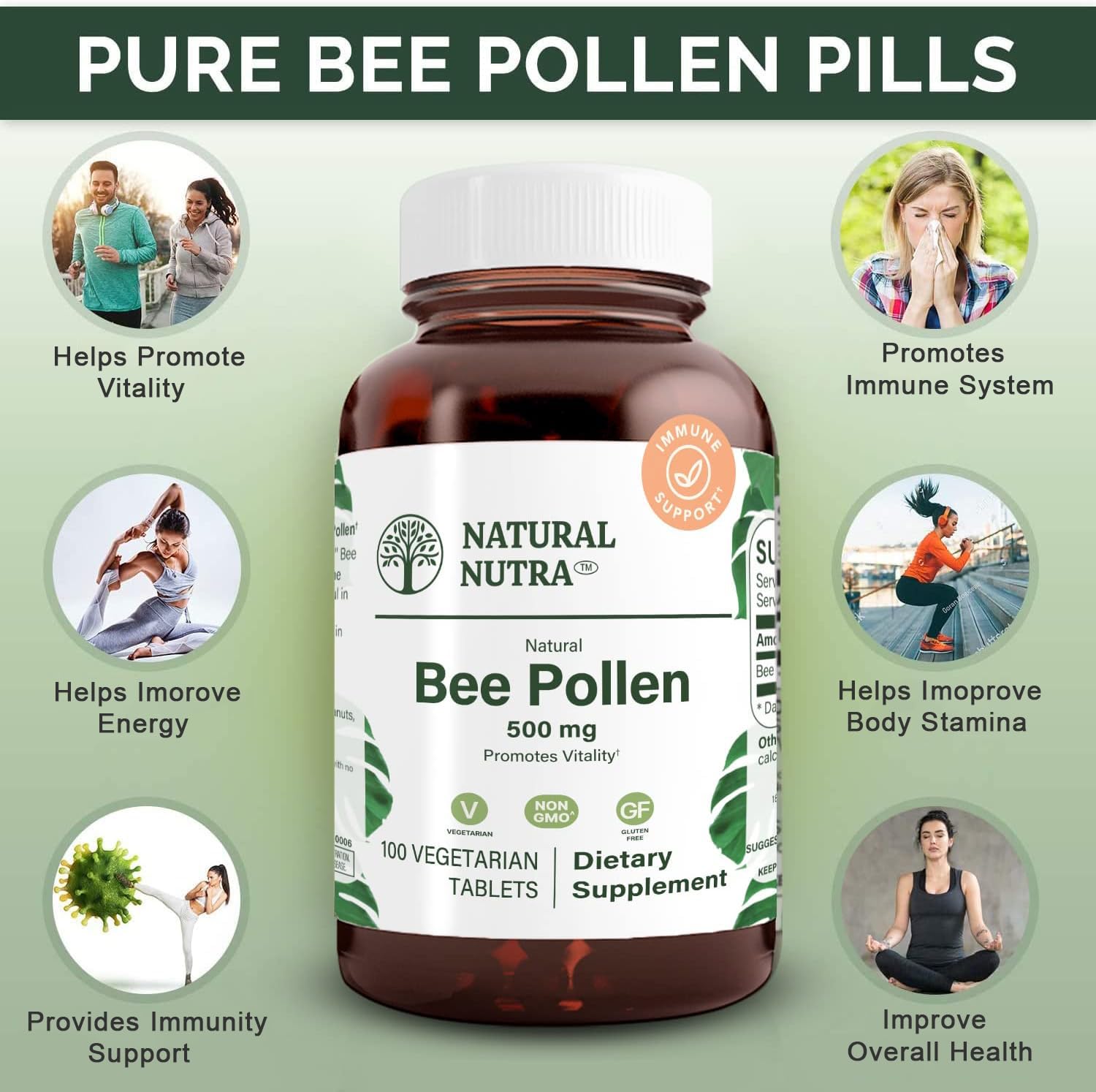 Natural Nutra Bee Pollen flavonoids close-up visual, suggests antioxidant benefits.